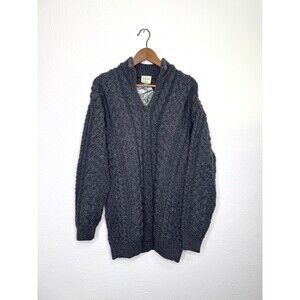 Kilronan Knitwear Sweater Aran Knit L Gray Merino Wool Fisherman Ireland 1/4 Zip